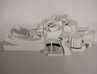 Naar voorbeeld van het door de Amerikaanse architect Frank O. Gehry ontworpen deconstructivistische museum in Bilbao, Spanje. Het werk is gesneden en gevouwen uit één stuk..jpg