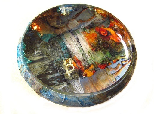 Herinnerd Landschap fotomateriaal collage op glazen schaal, herinnering aan strandwandeling.jpg