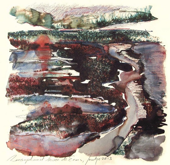 Zonsopkomst boven de Eems bij laagwater inkten met acryl 40 x 40 cm.jpg