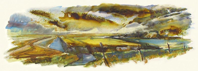 Zomeravond groninger land gemengde technieken op papier 50 x 150 cm.jpg