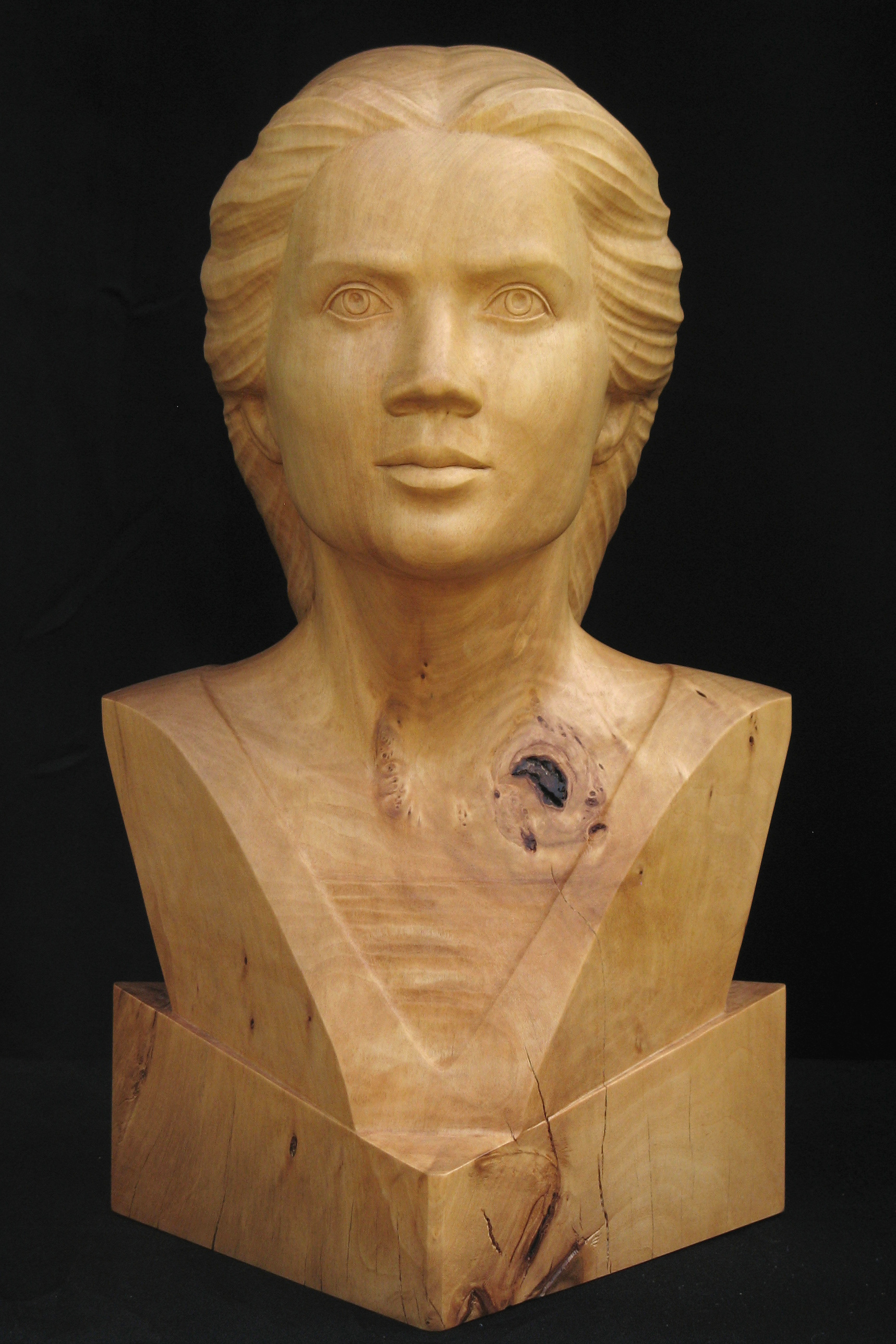 Guinevere, human wood sculpture, portrait, frontside