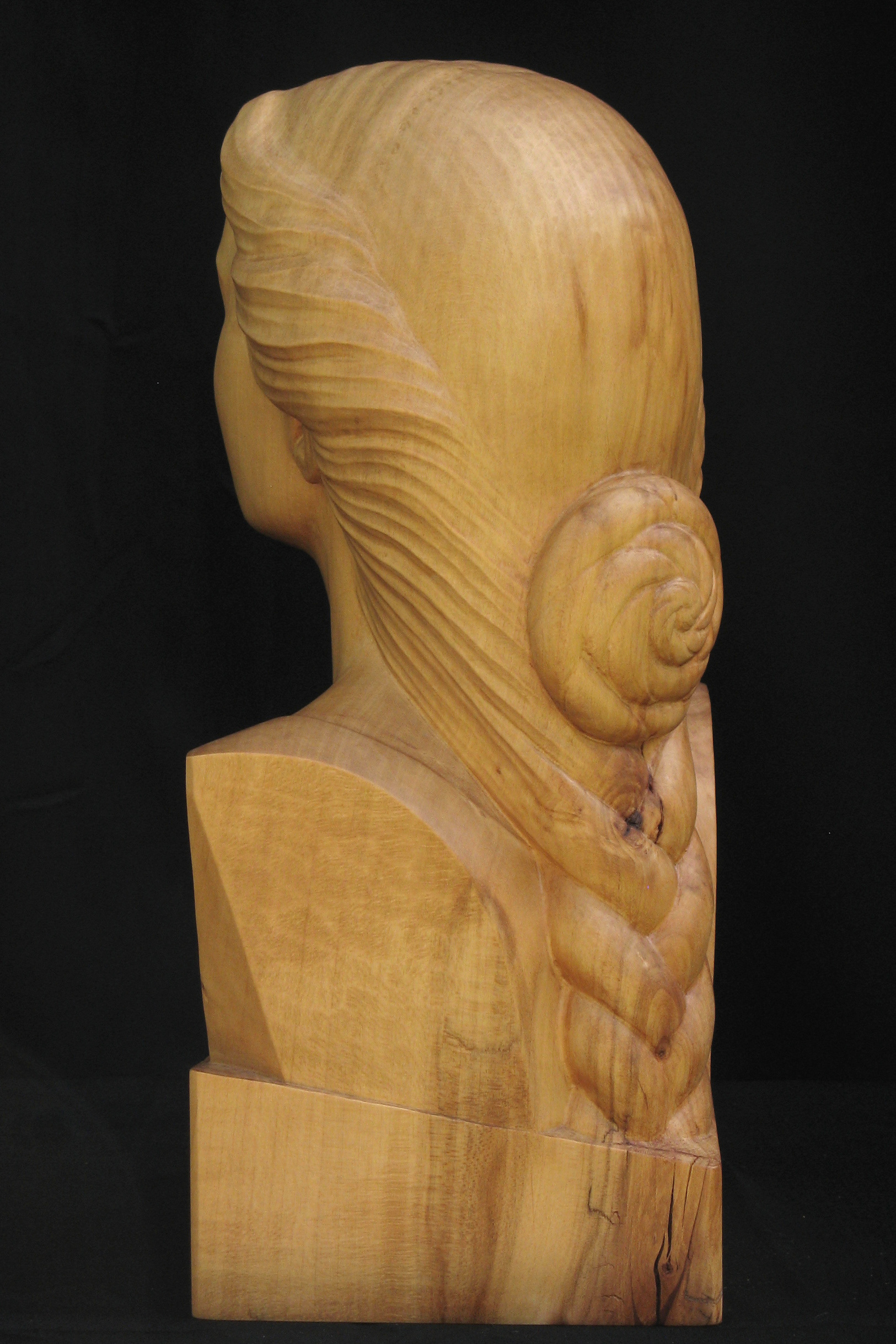 Guinevere, human wood sculpture, portrait, backside