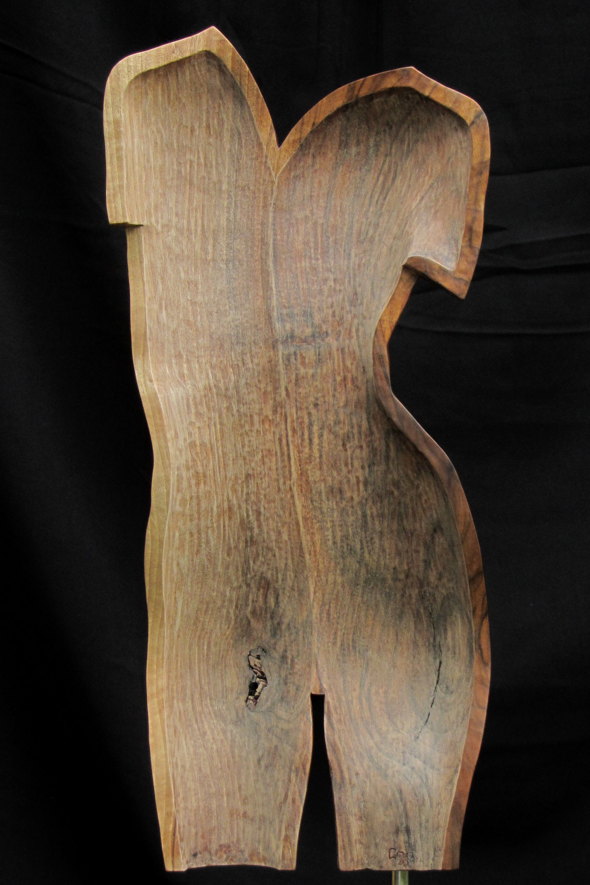 Torso in relief #2, human wood sculpture, female torso, backside