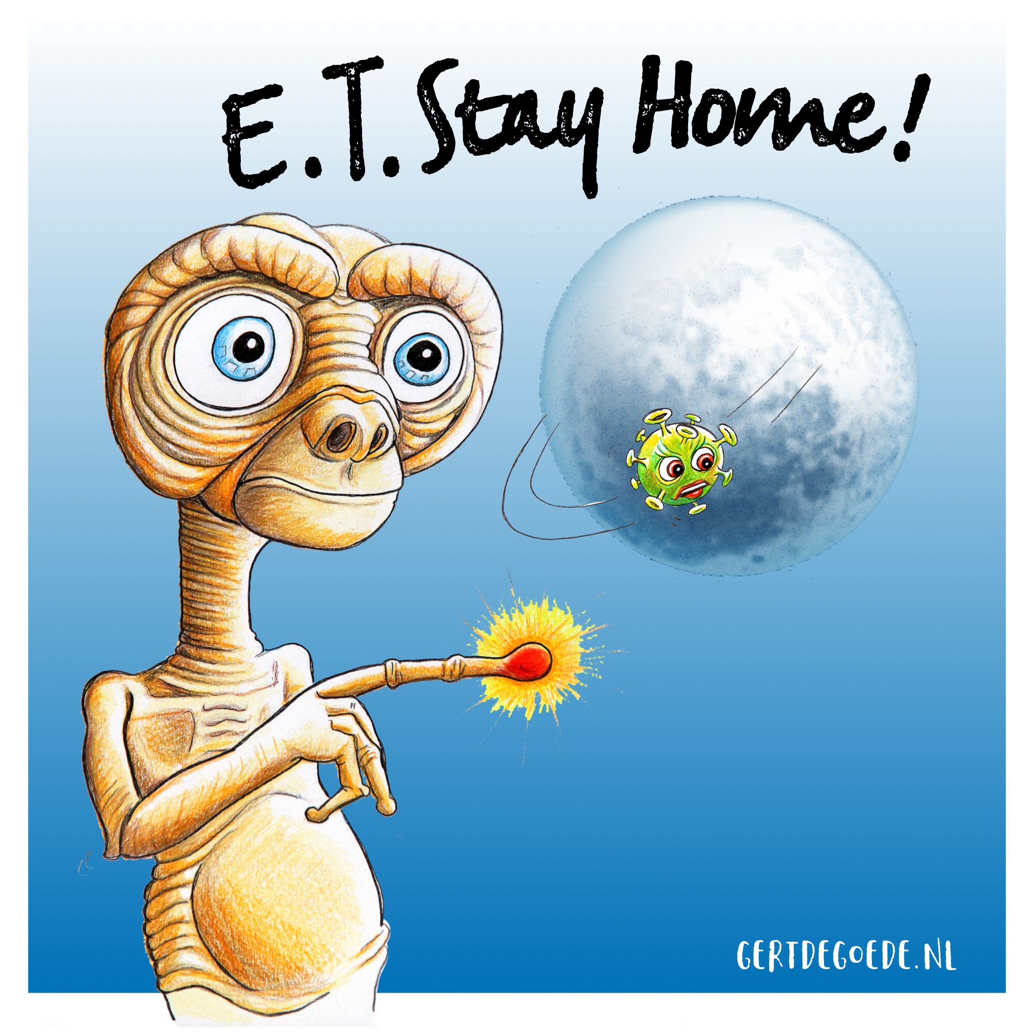 ET phone home stay cartoon gert de goede covid corona aliën ruimtewezen vrolijk grappig funny lol collection 