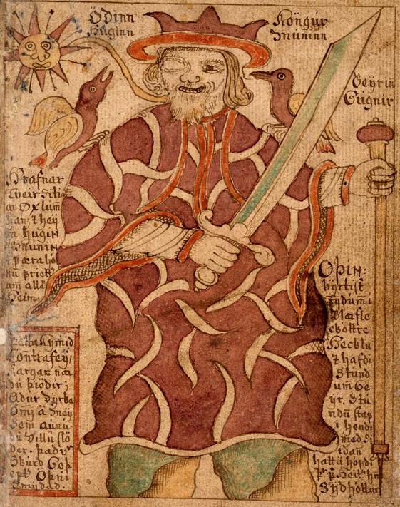 Huginn en Muninn zittende op de schouders van Odin. De illustratie komt uit een 18e-eeuws IJslands manuscript.