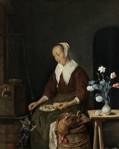 Vrouw aan de maaltijd- Het ontbijt van de kat