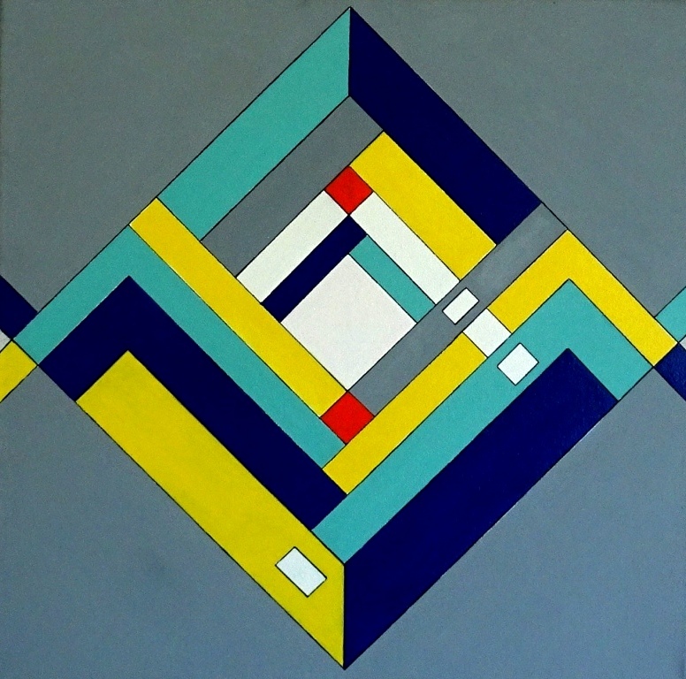 Alkyd op doek. Geometrisch Vierkant in Ruitvormig Vlechtwerk; Monica Maat