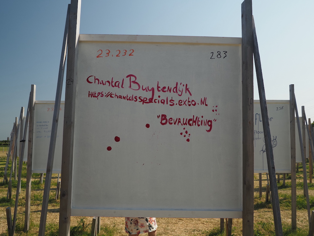 Achterzijde van een werk met naam en website van de kunstenaar