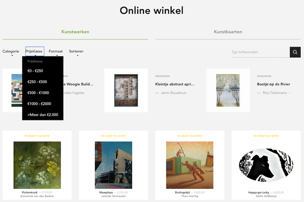 In de webshop van exto kun je zoeken op categorie, prijs en formaat