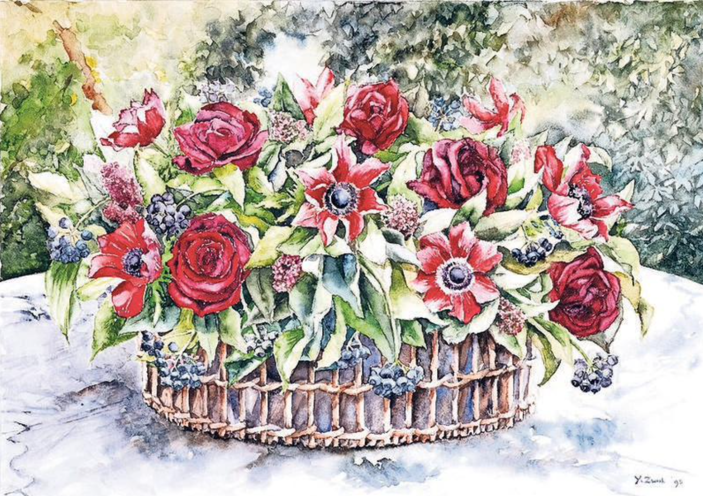 Mandje met rode bloemen (1995), aquarel 30x40 cm