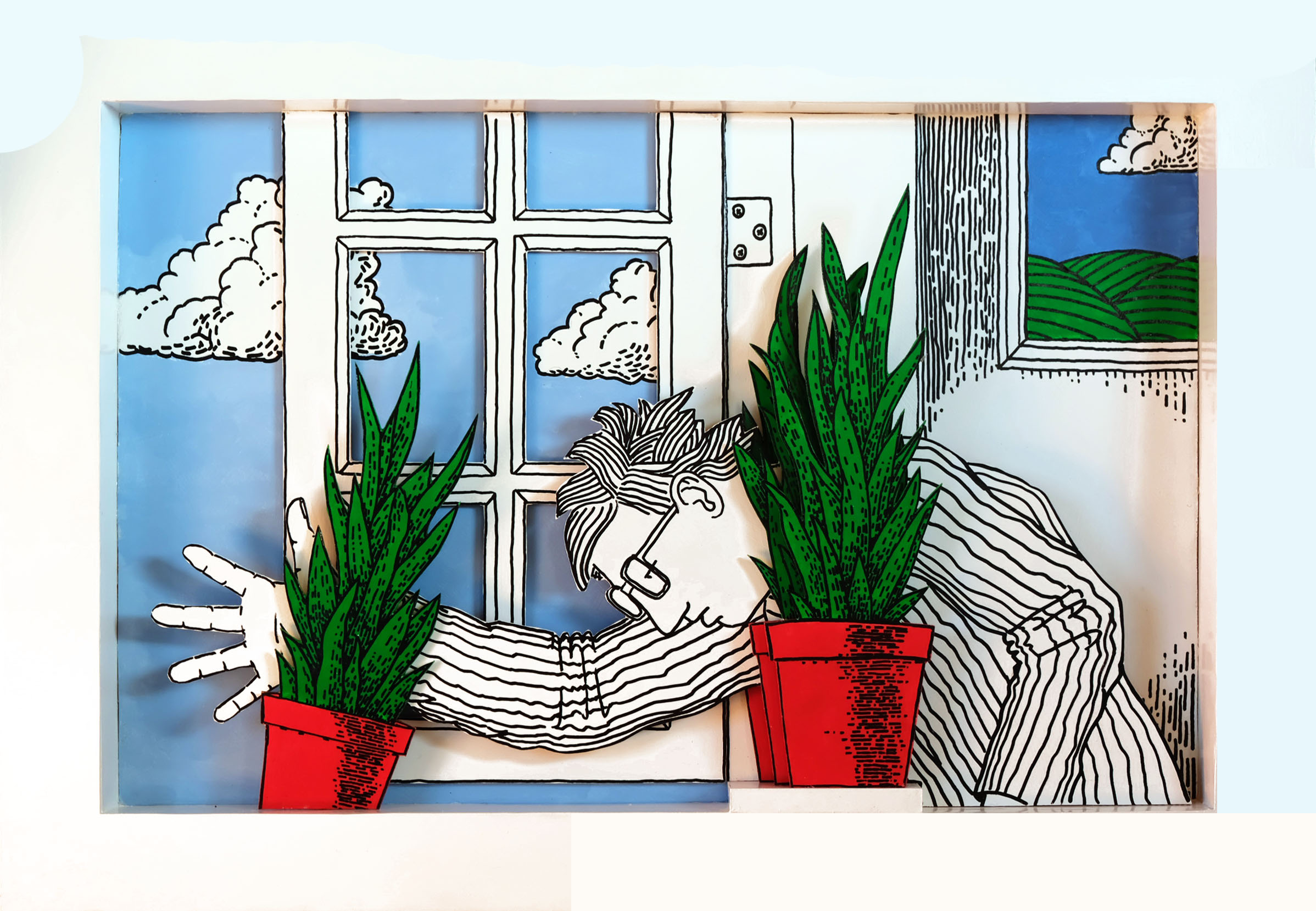 Dit is de eerste prent van een avontuur van een willekeurige sanseveria bestaande uit drie prenten de val van de sanseveria de tocht van sanseveria en de aankomst van sanseveria. - Aris Roskam